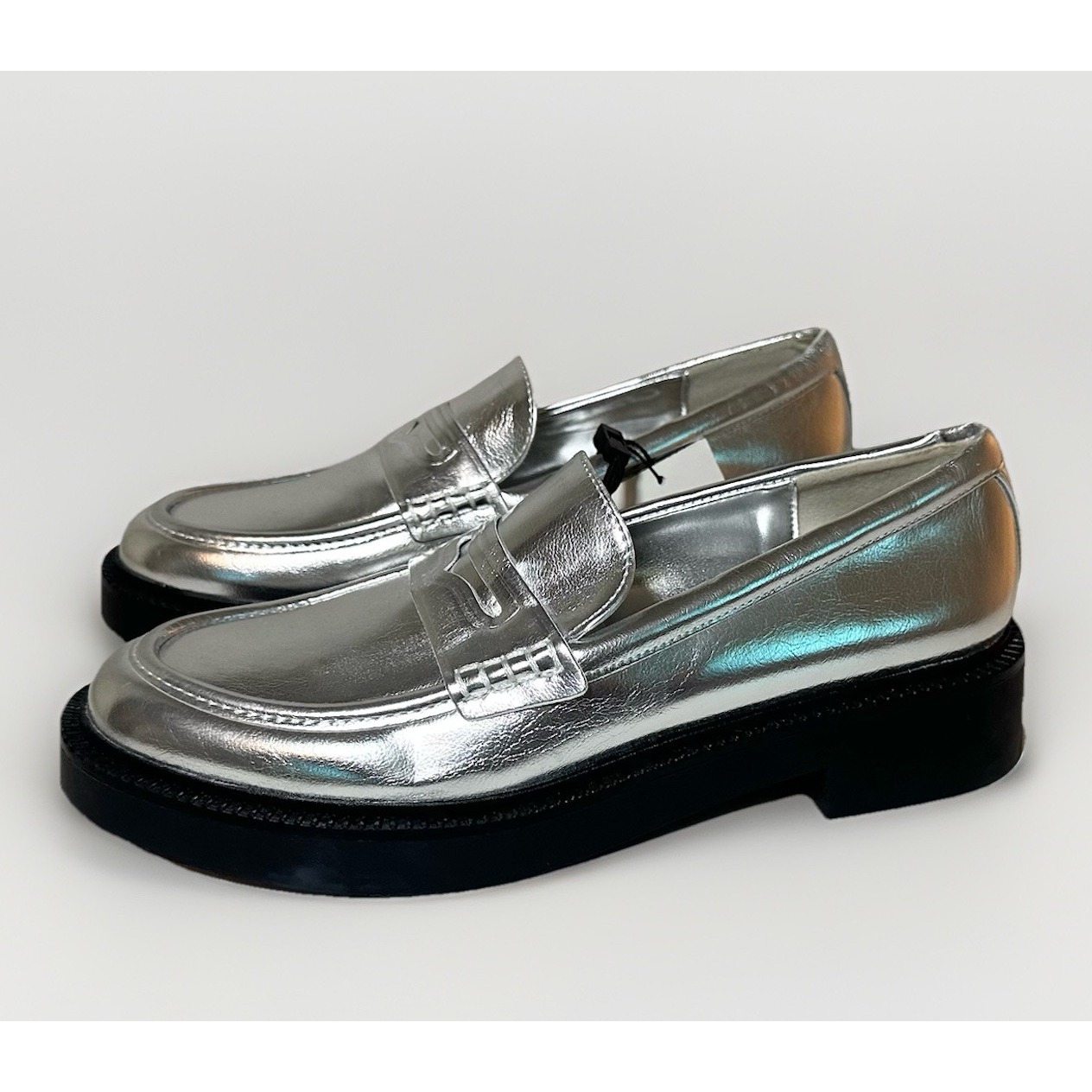 Zara Women's Silver Preppy Loafers Slip On Shoes Metallic Us 8 Eu 39 *New*